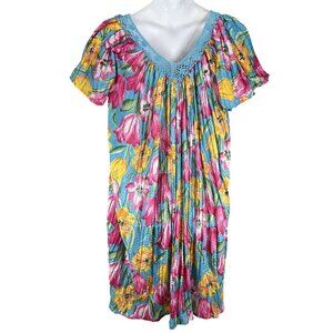 Jessica Bloom Womens OSFM Floral Gauze Dress Crochet Neck Pleated Boho Bloomcore